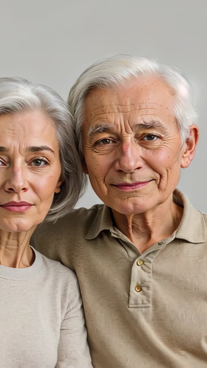 Vertical video: Senior couple gazing at camera while shifting posture on sofa in front of gray wall