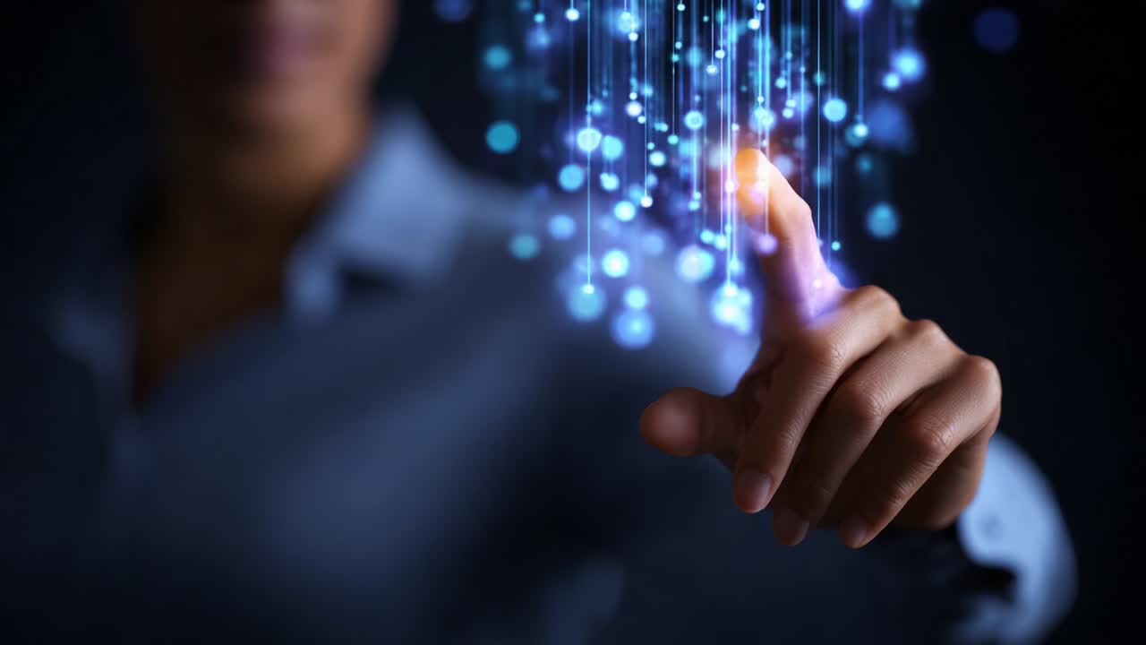 A close-up of a person's hand reaching out to interact with floating data points, symbolizing the connection between technology and human touch, emphasizing innovation and digital interaction in a modern world