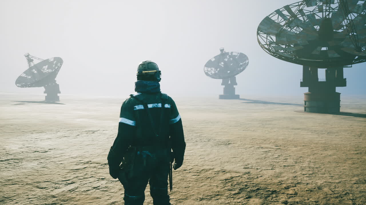 trabajador observando antenas parabólicas en un entorno brumoso en un lugar remoto