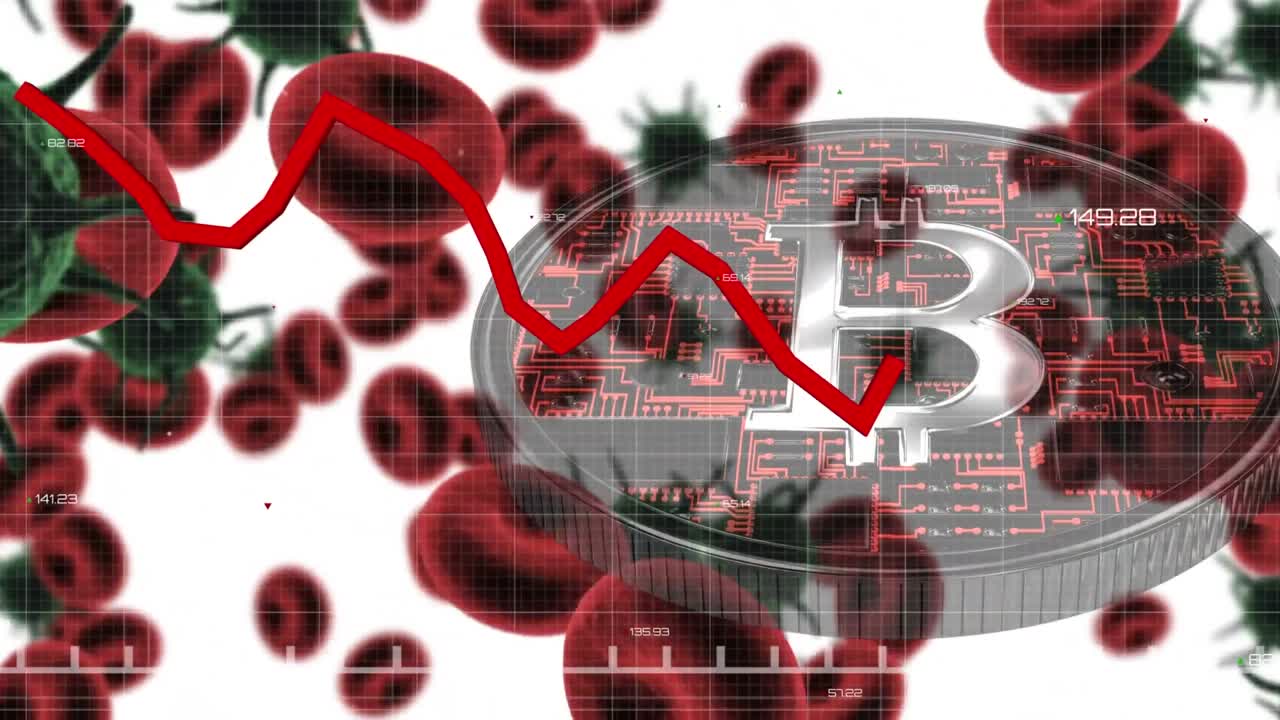 비트코인과 코로나 19 세포 위의 빨간 선으로 금융 데이터 처리의 애니메이션