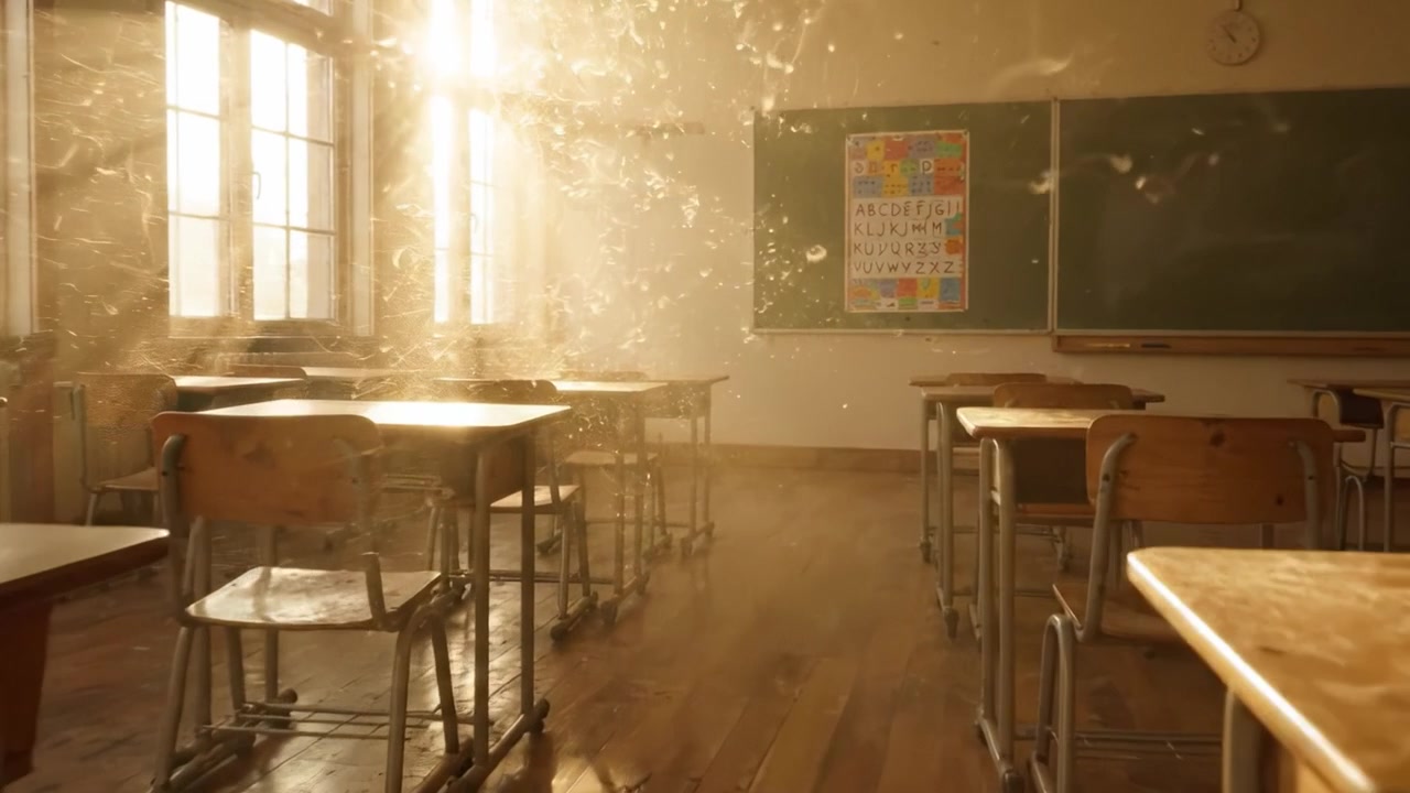 Un'aula serena illuminata dal sole, che mostra particelle di polvere che danzano nell'aria, evocando un senso di nostalgia e meraviglia all'inizio della giornata