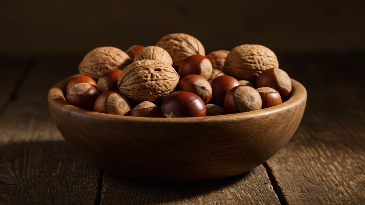 A rustic bowl brimming with a variety of nuts including walnuts, hazelnuts, and chestnuts