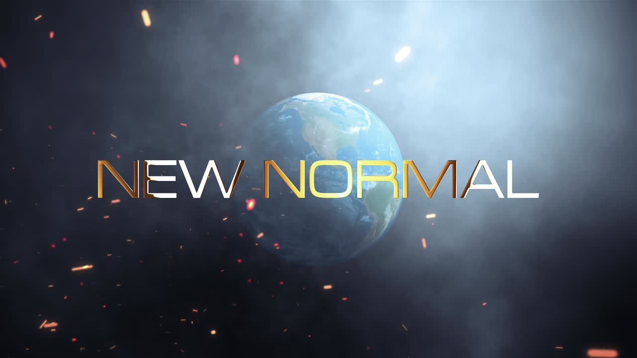 новый нормальный кинематографический титул трейлера фоновой концепции. анимированный 4k 3d творческий дизайн. вспышка оптической вспышки с облаком дыма и частицами пыли с земной анимацией и новым нормальным золотым текстом.