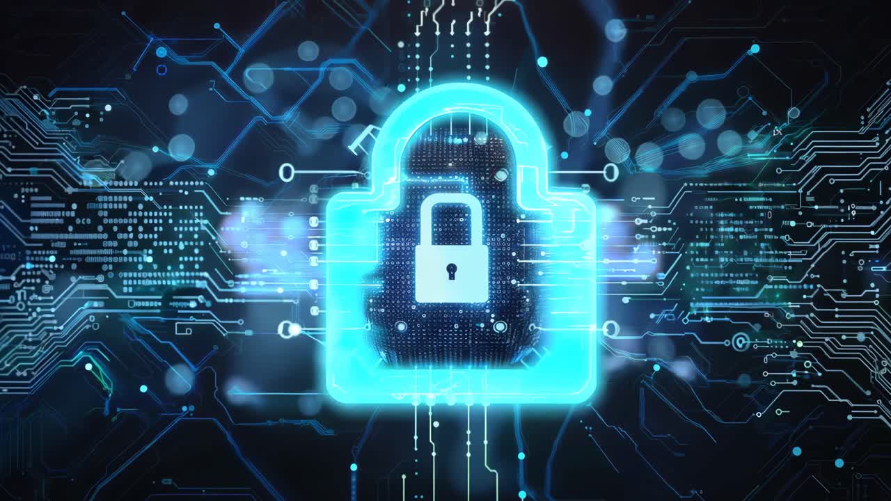 A computer chip with a blue lock on it. The lock is surrounded by a blue background. Concept of security and protection