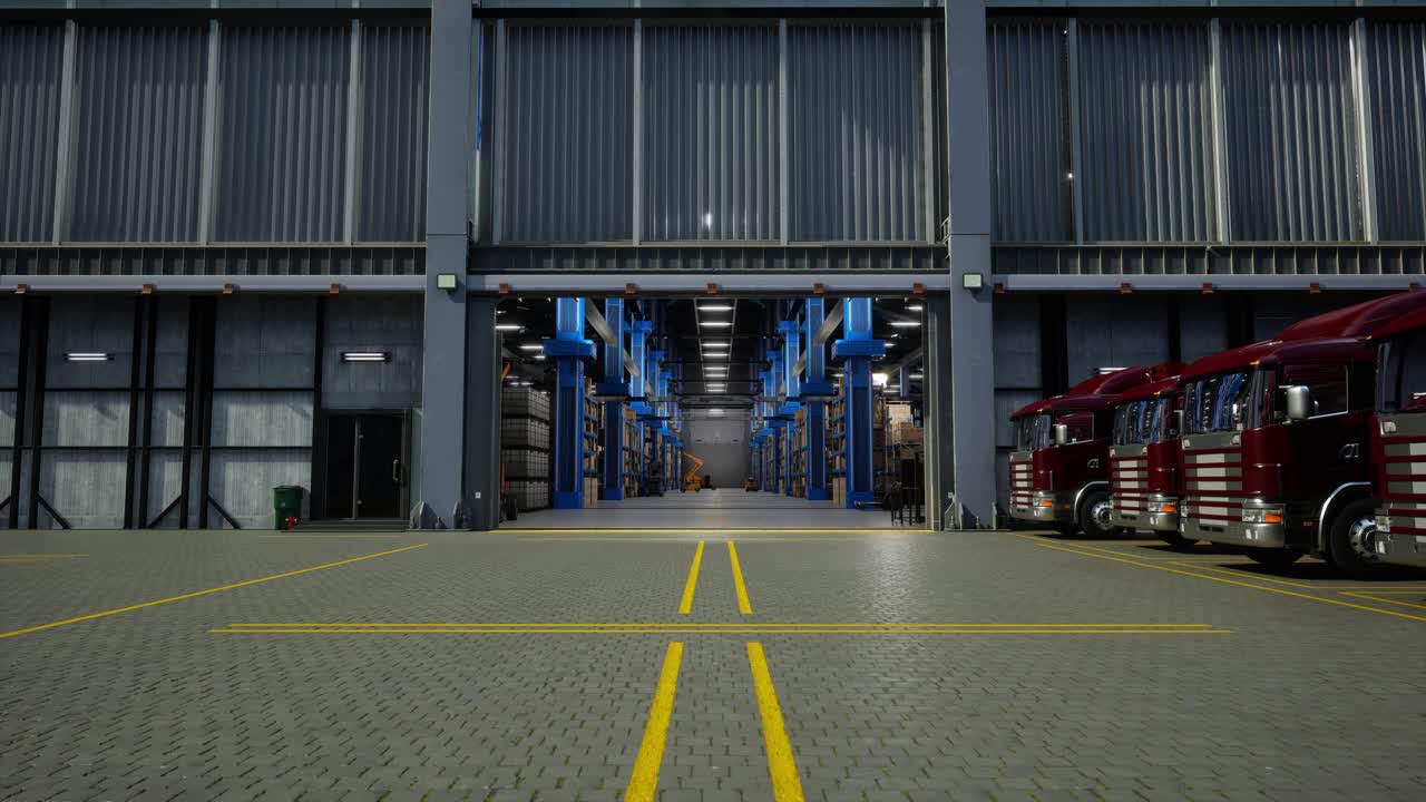 Lastbil foran en industriel logistikbygning.