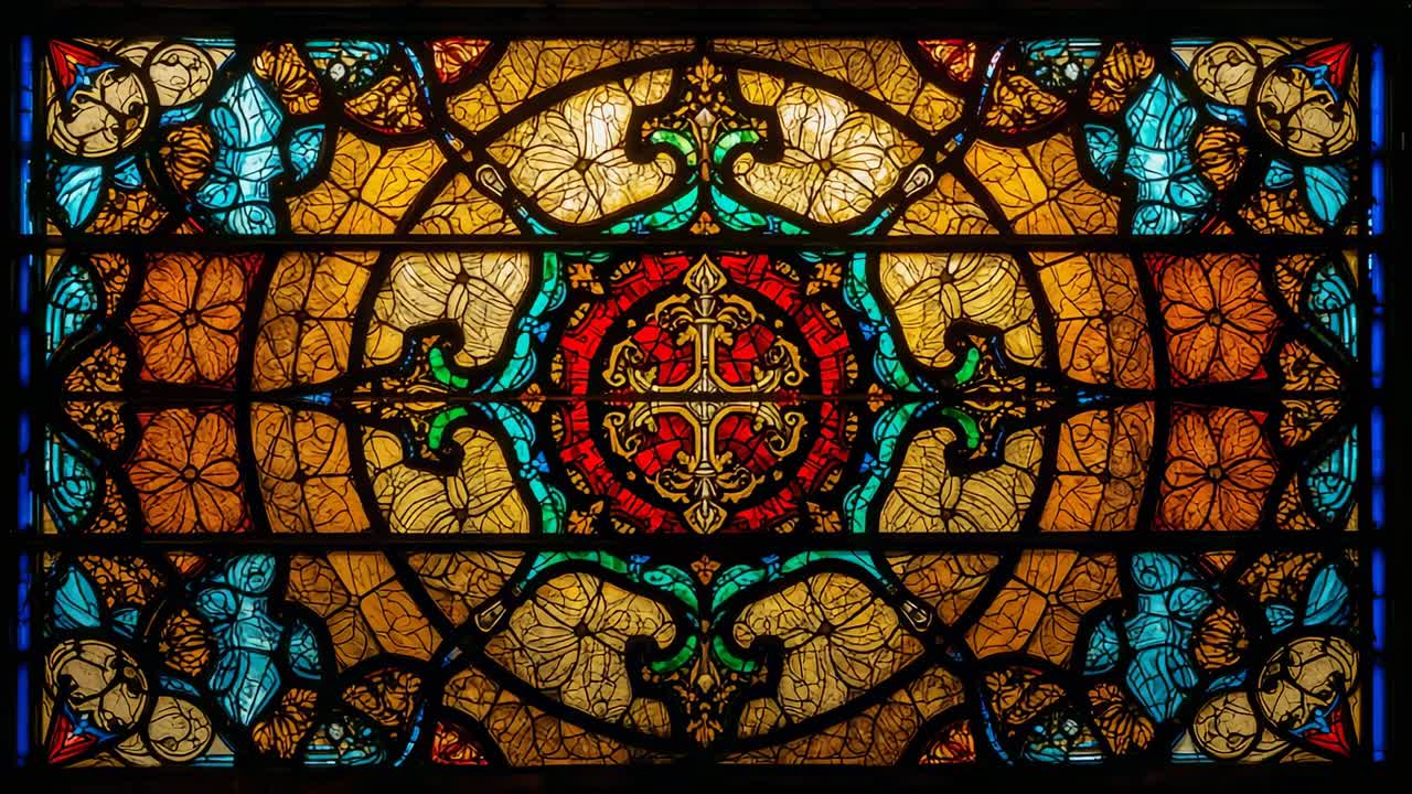 Camera focusing on cross motif panning right in church revealing amber designs and lead-framing