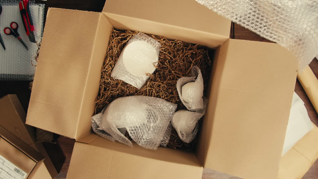 E-commerce storage shop, woman packing goods and clothes for second hand delivery market, dedicated Packaging and Shipping Workspace with Supplies and Technology for efficiency, online sales.