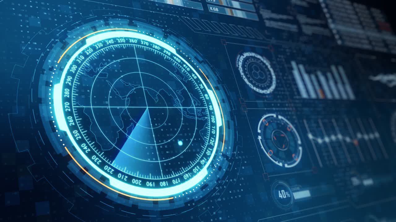 gráfico de movimiento de pantalla de radar de sonar de color azul buscando un objeto con pantalla de interfaz de tecnología futurista (hud ui) pantalla y panel de chat