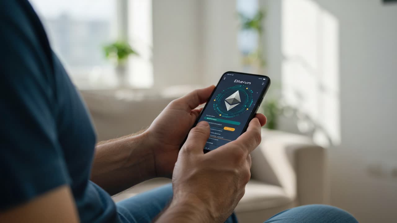 User Engaging with Ethereum App on Smartphone Showcasing Blockchain Technology and Cryptocurrency Features in Bright, Contemporary Living Space