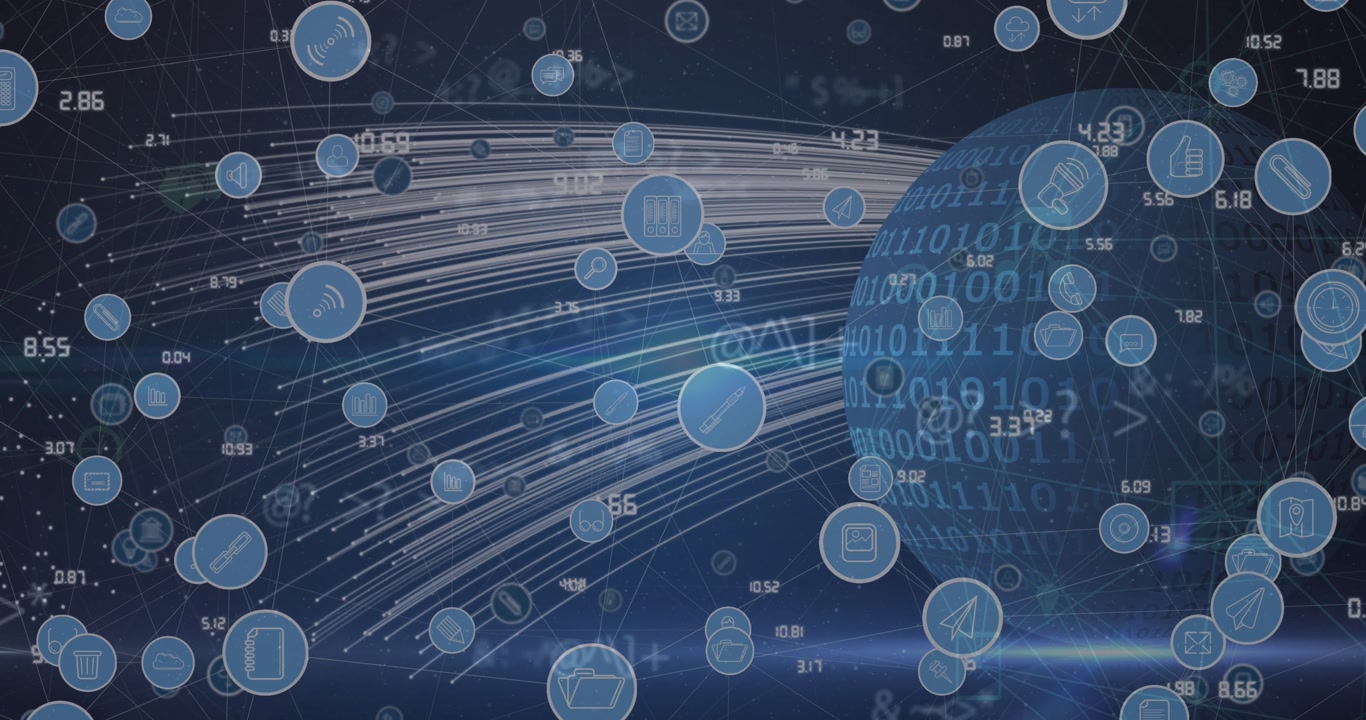 Animation of network of connections with icons over globe