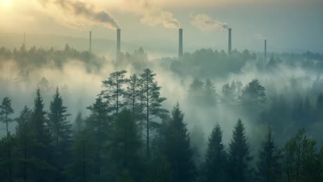 smog and smokestacks over misty forest