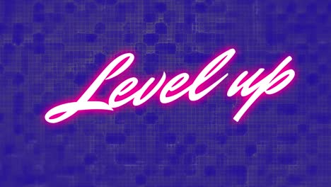 animation of level up text over moving shapes on blue background