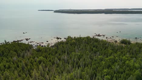 aerial view ascent of wilderness forested coastline on lake huron, michigan