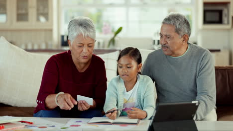 help, study and grandparents with girl in kitchen