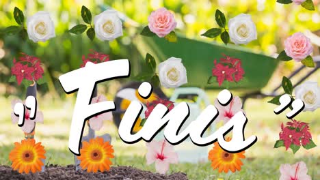 Finis-text-over-multiple-colorful-flowers-icons-floating-against-garden-in-background