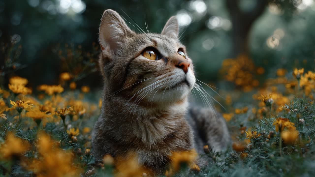 Un gatto sereno che contempla pensieroso un vivace prato di fiori dorati, catturando l'essenza della bellezza naturale e della tranquillità nella natura selvaggia