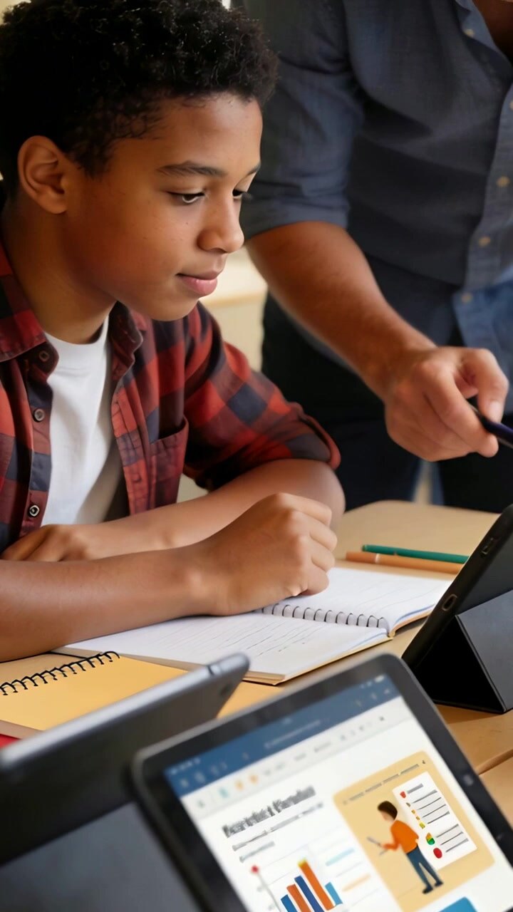 Vertical video: Watching tutor pointing pen, plaid teen writing notes from tablet in class to learn