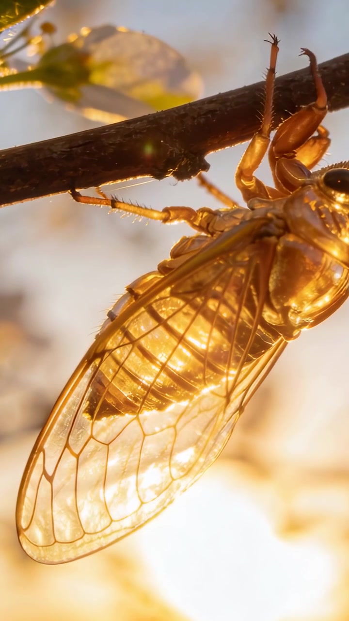 Vertical video: Clinging adult cicada responding to shifting sun, regripping thin twig at sunset