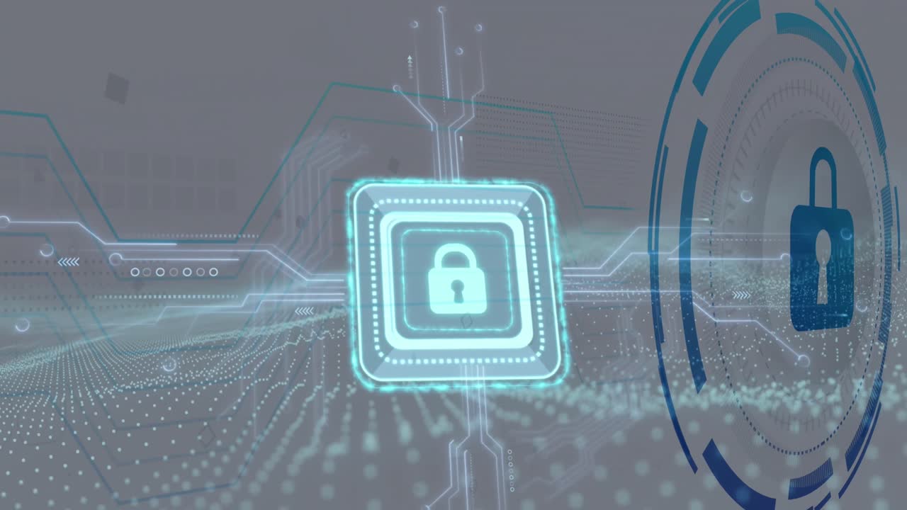 Animation of padlock icon over data processing on black background