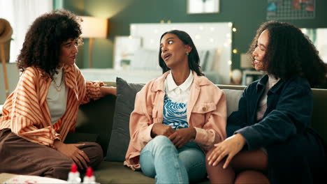 three women friends chatting on a couch
