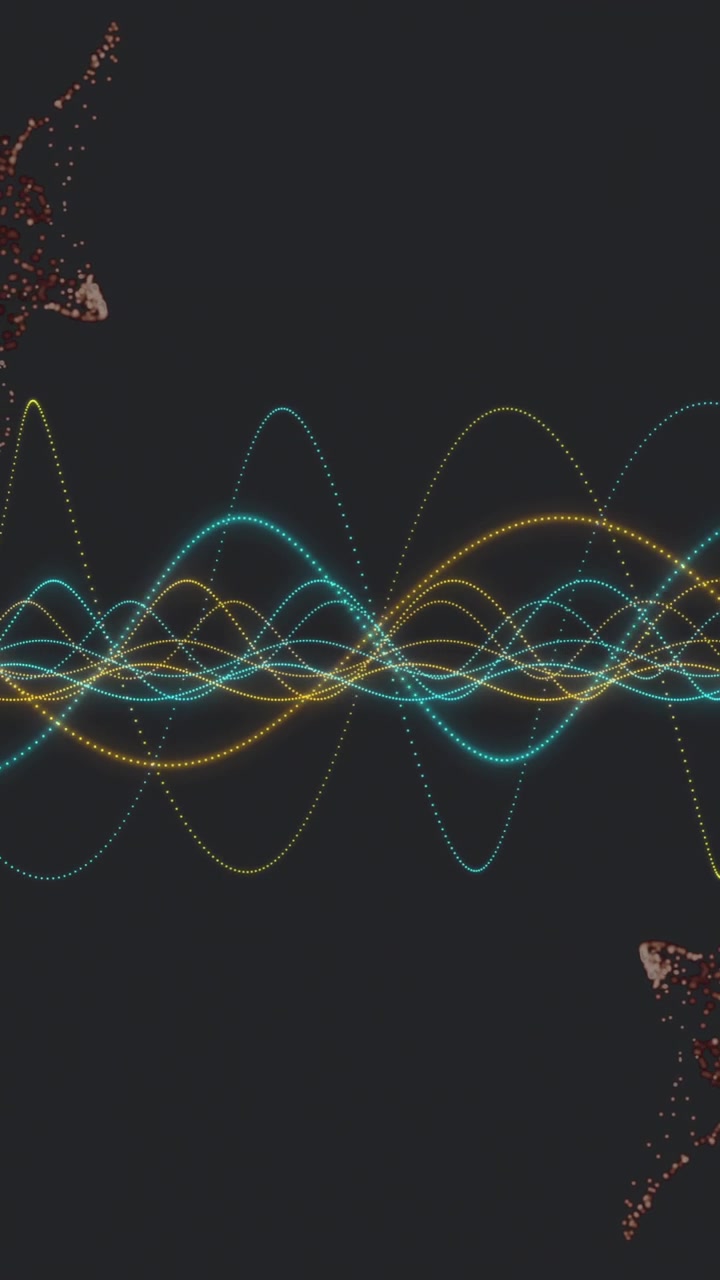 Colorful waveforms animation over abstract red and brown shapes on dark background