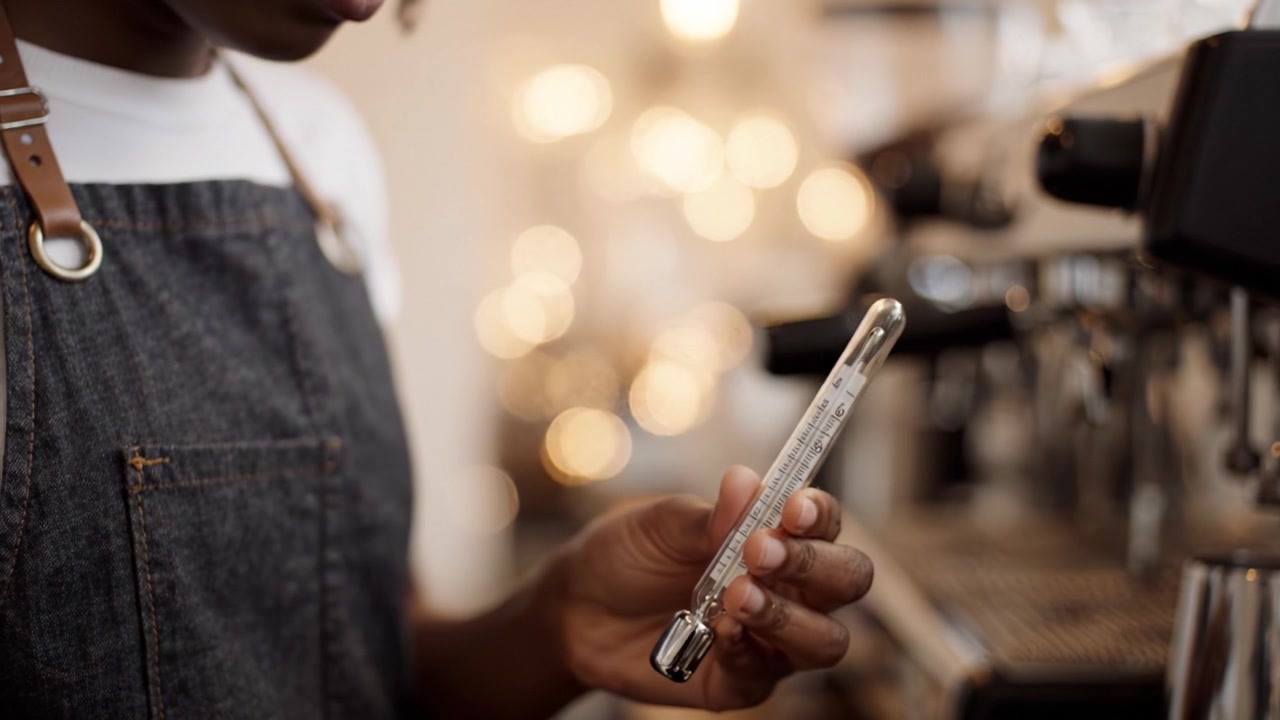 A focused barista expertly cleans the espresso machine's portafilter, ensuring a pristine environment for brewing the perfect cup of coffee with care and precision.