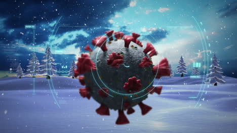 animation of covid 19 cell and scope moving over winter scenery with fir trees and snow falling