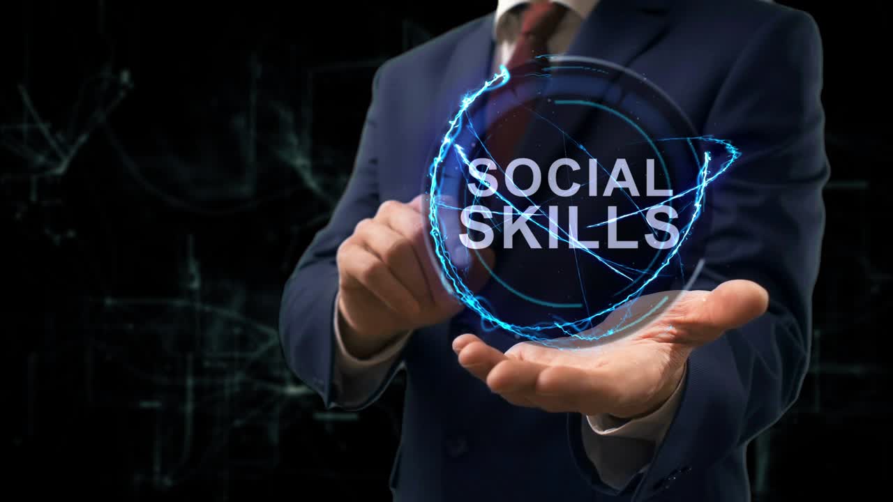 Businessman shows concept hologram Social Skills