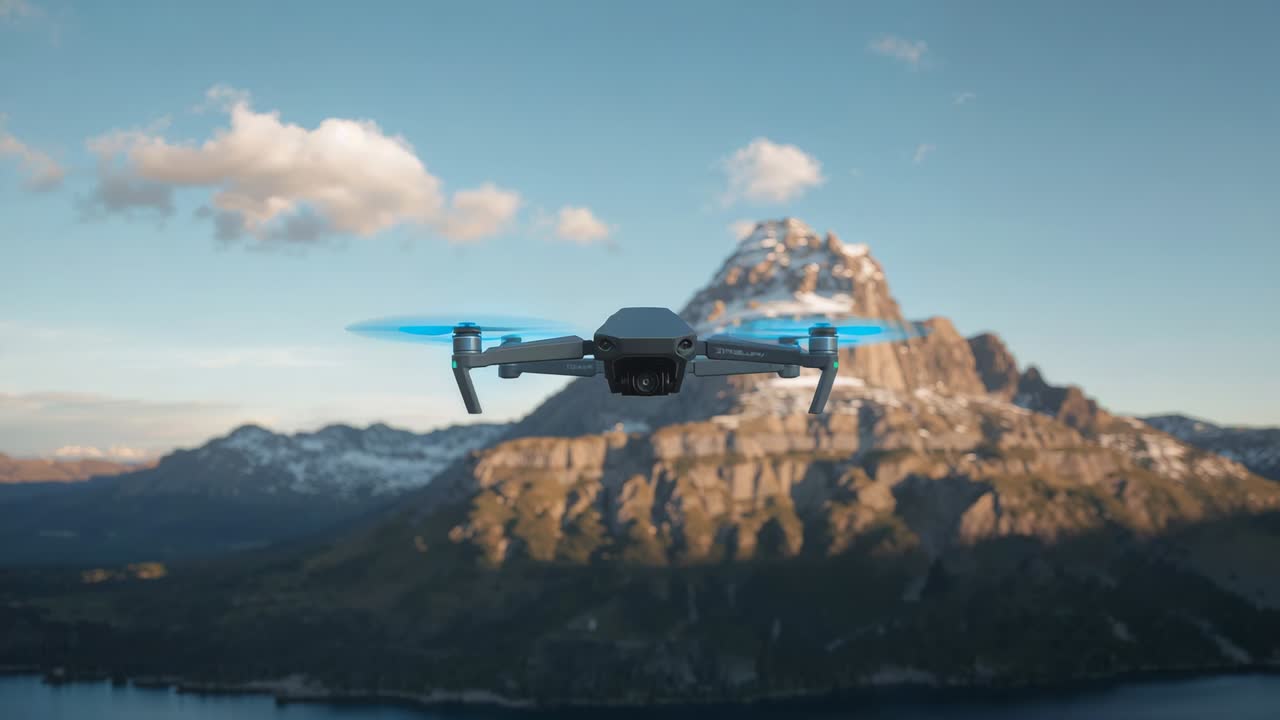 Kompakt quadcopter, der modtager fjernkommandoer og driver hen mod kameraet på en bjergtop med kardan.