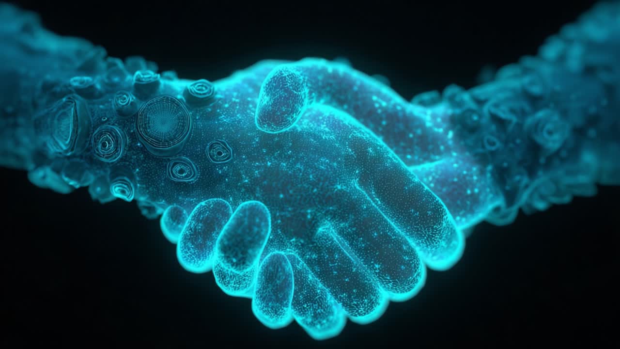 A captivating visual of two hands engaged in a handshake, rendered in glowing blue particles, symbolizing unity and partnership in a digital world, with intricate details emphasizing the connection between two entities