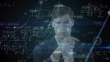 hombre trabajando en ecuaciones matemáticas animadas.