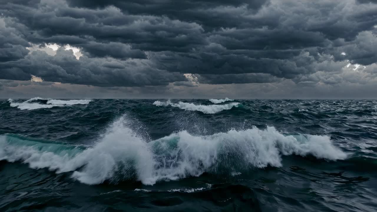 Dramatic video scene of stormy ocean waves under dark, ominous clouds