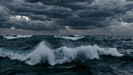 dramatic video scene of stormy ocean waves under dark, ominous clouds