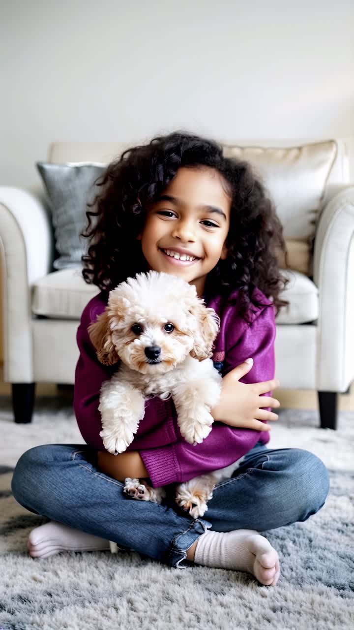 A young girl is sitting on the floor with a white dog in her arms