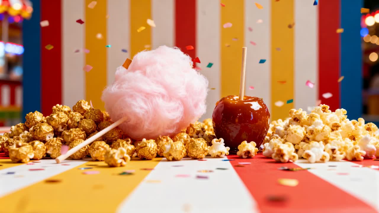 Coriandoli che cadono e fluttuano su un bancone di carnevale, posandosi su zucchero filato, mela caramellata e popcorn.