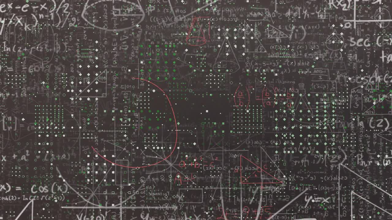 Chalkboard math overlaying dot grids circling red arc revealing cos2? identity simplifying integral