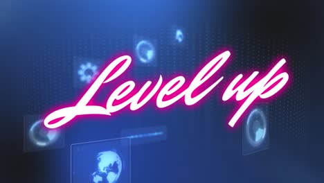 animation of level up text over scope scanning and data processing