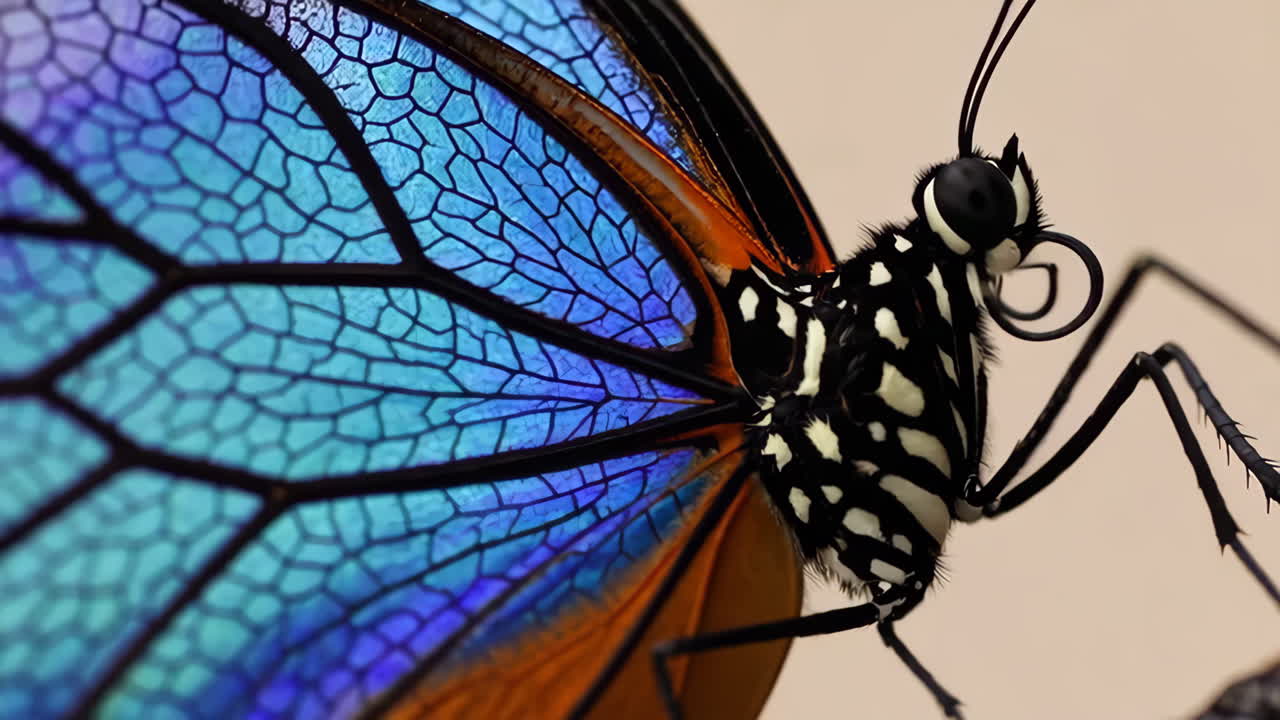 Close-up of a Butterfly's Iridescent Blue and Orange Wing