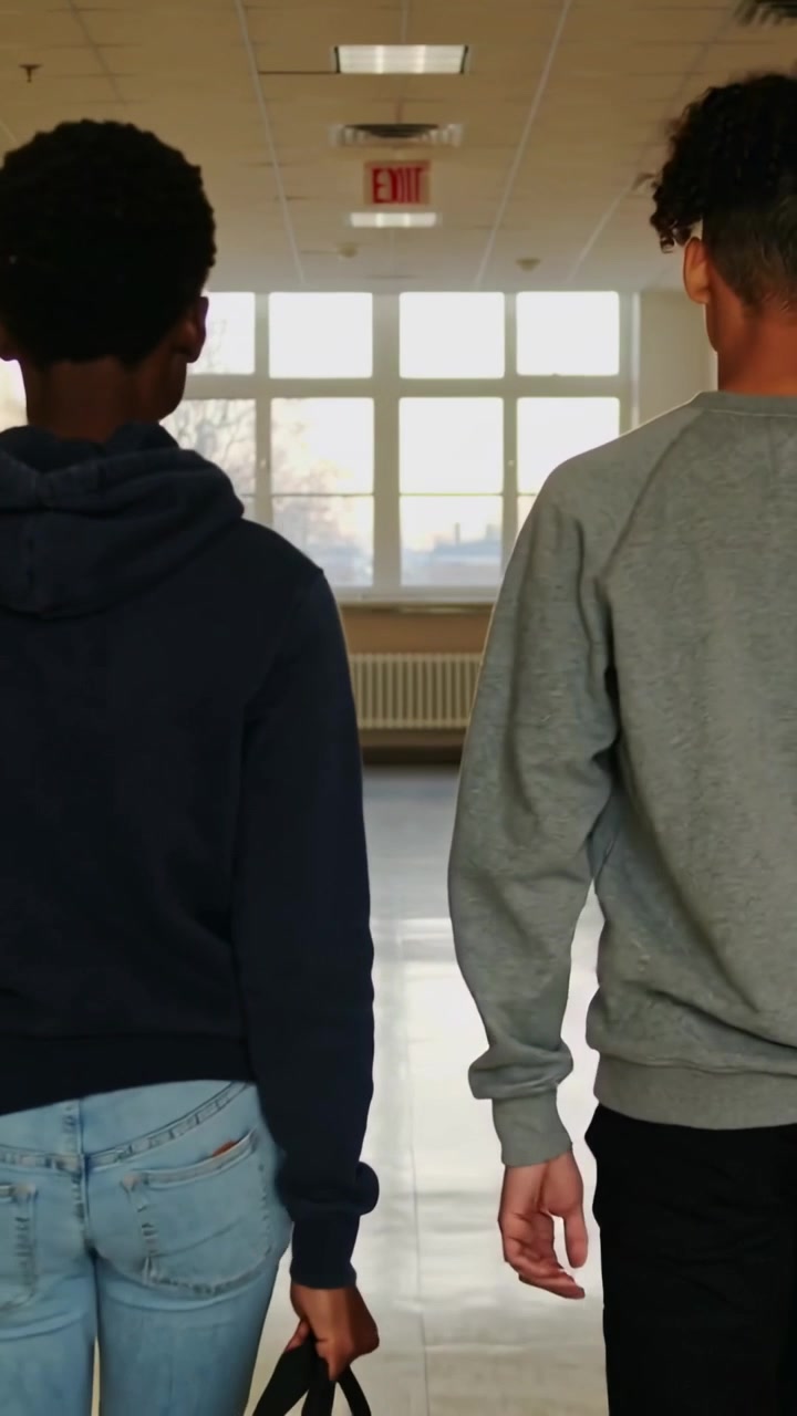 Video verticale: Due adolescenti con maglie blu scuro e grigie che camminano lungo il corridoio della scuola portando una borsa verso il cartello USCITA