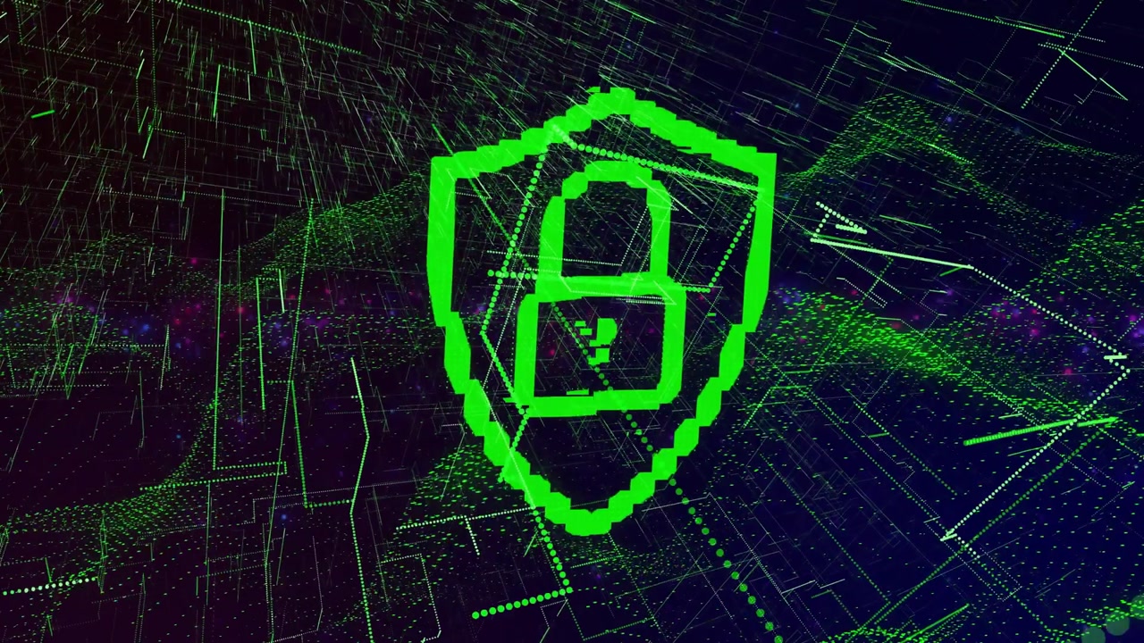 Neon lines sweeping, starting green shield forming, padlock snapping closed, showing data security