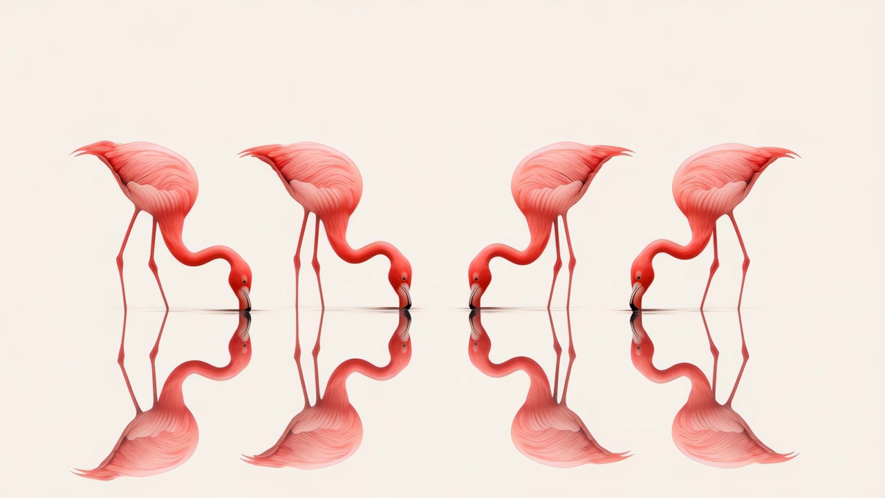 Loop continuo di fenicotteri rosa che bevono con riflessi