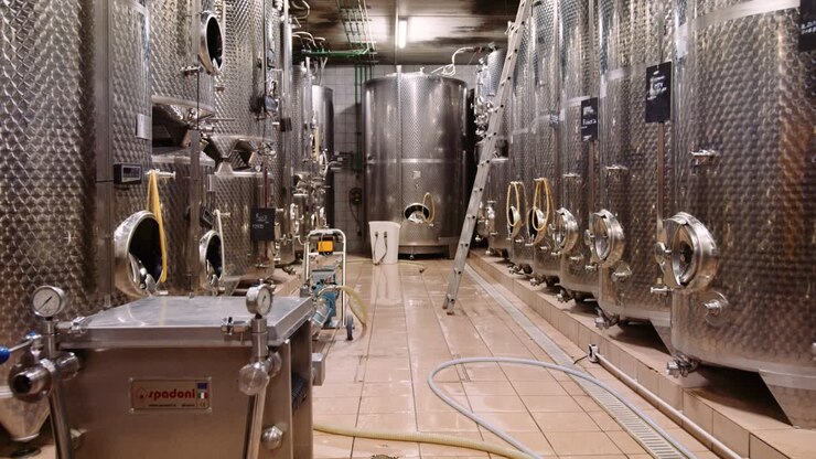 Stainless steel tanks for fermentation in wine-cellar lined up