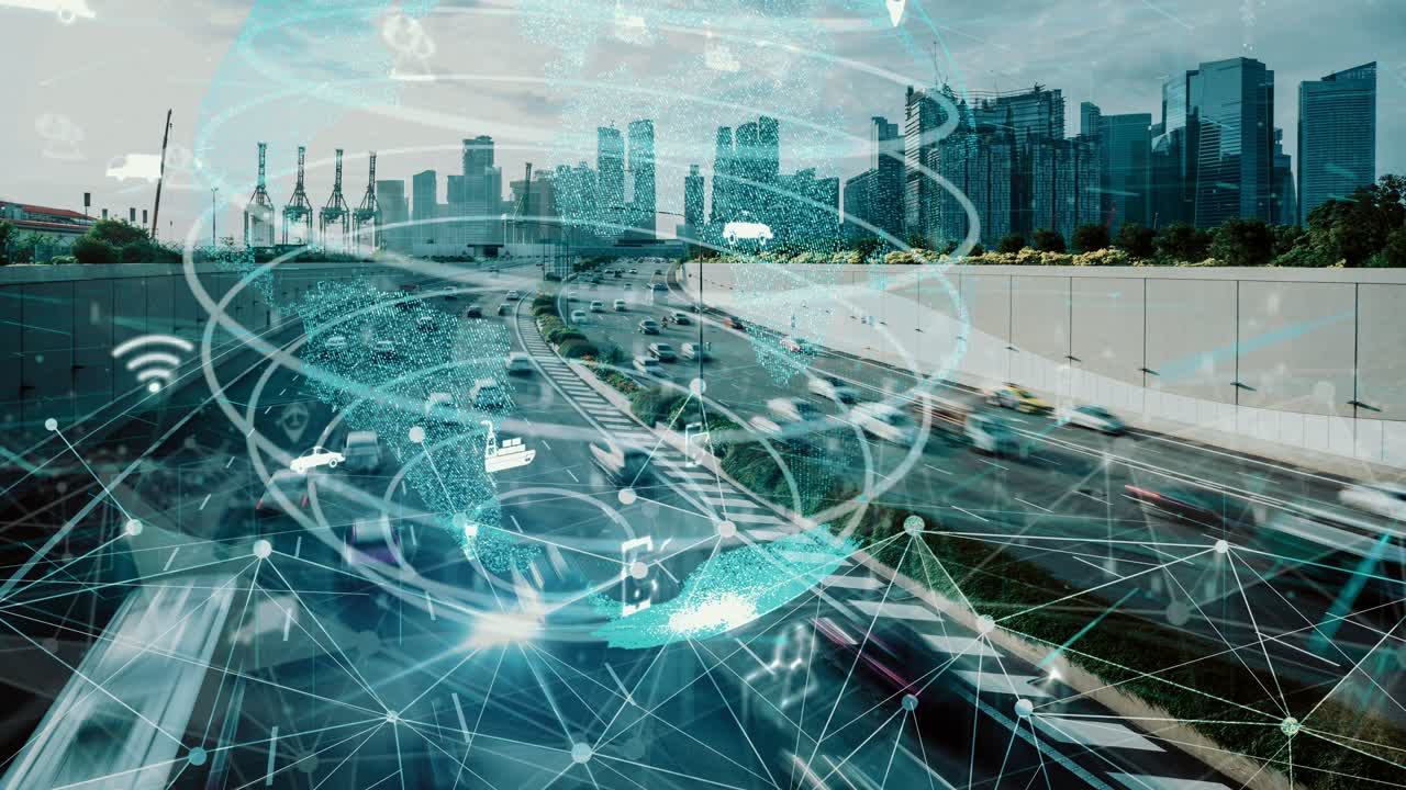 뉴이시 시 도로에서 미래의 자동차 교통을 위한 스마트 교통 기술 개념