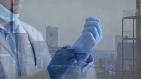 Animation-of-caucasian-male-doctor-in-gloves-over-cityscape