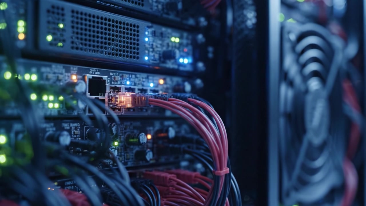 Exploring the Inner Workings of Data Centers: A Detailed Insight into Networking Equipment with Vibrant Lights and Complex Cabling in High-Tech Environments