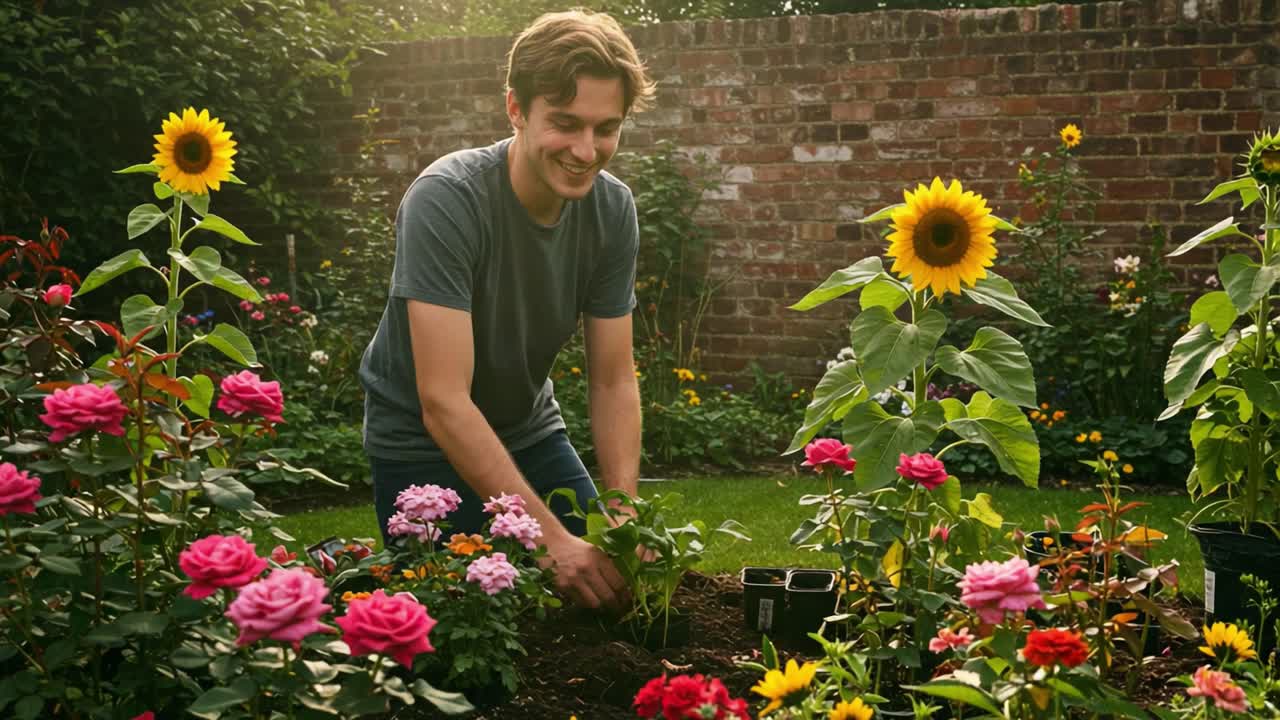 A Young Gardener Enthusiastically Tending to His Flower Garden Surrounded by Vibrant Roses and Sunflowers in a Sunlit Backyard Setting