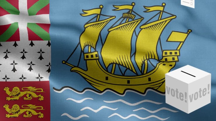 Ballots fly to box for Saint Pierre selection - Ballot box in front of flag - Election - Vote - Flag Of Saint Pierre and Miquelon - Saint Pierre and Miquelon Flag High Detail - National flag Saint Pierre and Miquelon wave Pattern loopable Elements