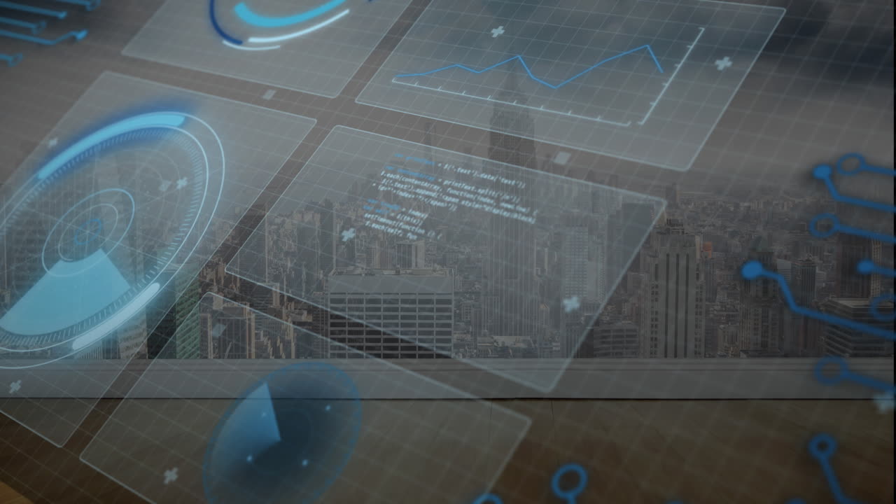 Animation of radar, graph and computer language over aerial view of modern city against sky