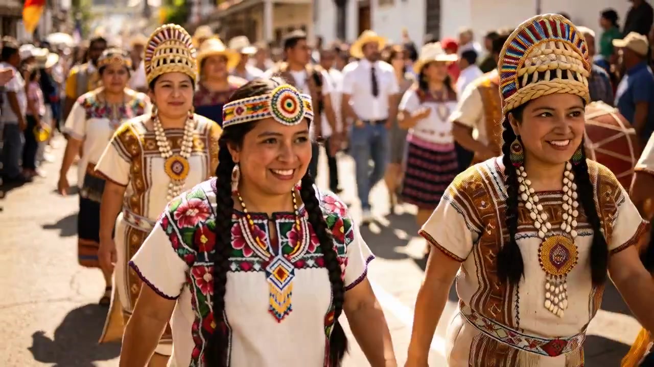 Duas mulheres com cocares caminhando por uma rua ensolarada, com batidas de tambor começando e aplausos para o festival.