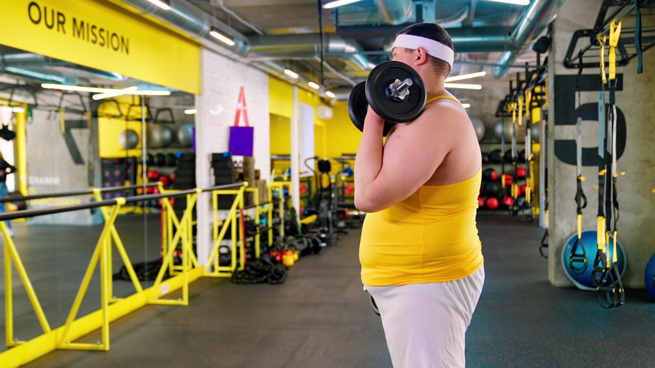 Uomo in sovrappeso che fa curl per bicipiti con manubri in palestra